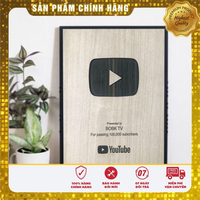 Nút Play vàng , bạc Youtube làm bằng gỗ khắc lazer tên theo yêu cầu , dành cho youtuber