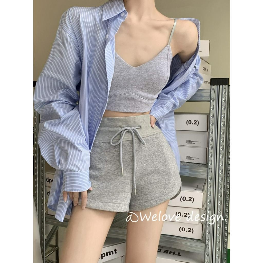 「 WELOVE1 」Quần Short Thể Thao Ống Rộng Lưng Cao Dây Rút Màu Xám Trơn Giản Dị Mùa Hè Dành Cho Bạn Nữ