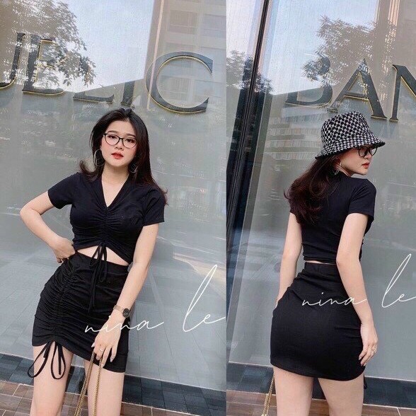 Sét bộ áo croptop rút dây ngực phối chân váy rút dây bên body cực xinh , chất thun bozip mềm mịn