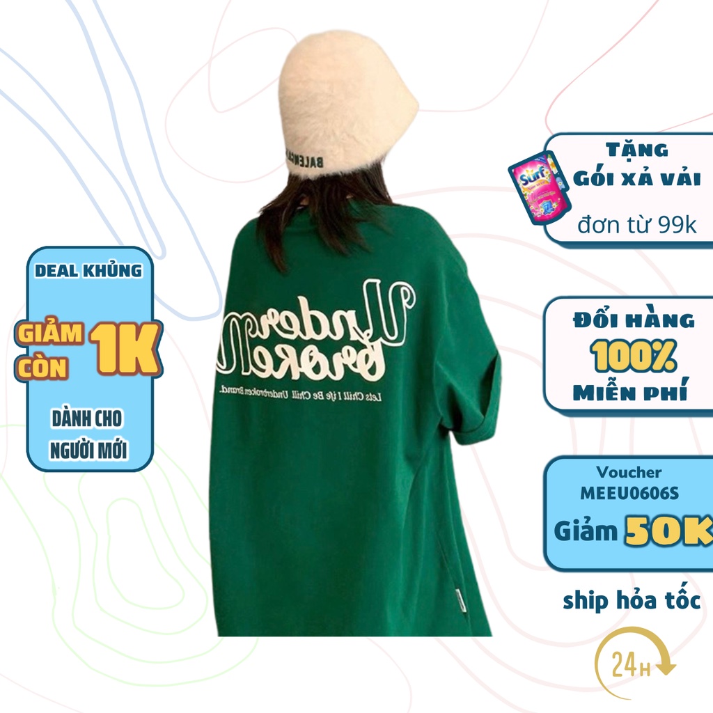 Áo Thun Xanh Lá UNDERBROKEN Nữ Meenystore - Phông Tay Lỡ Dáng Rộng Tay Bồng In Chữ, Vintage Chất Cotton Khô Chuẩn 3158