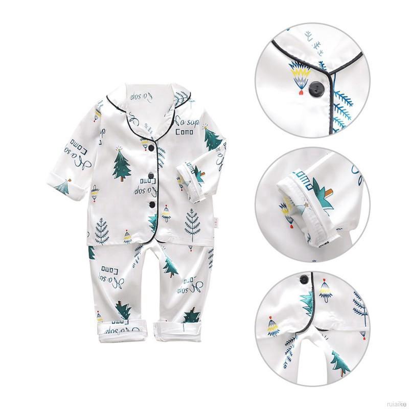 ruiaike  Kids Girls Boys Long Sleeve Cartoon Tree Print Silk Satin Blouse Tops + Pants Pajamas Sleepwear Set