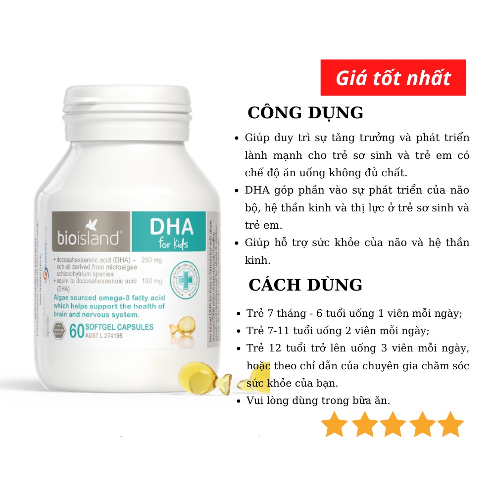 [Chính hãng  Úc] Viên uống bổ sung DHA cho bé Bio Island DHA kid Úc 60 viên - Date mới