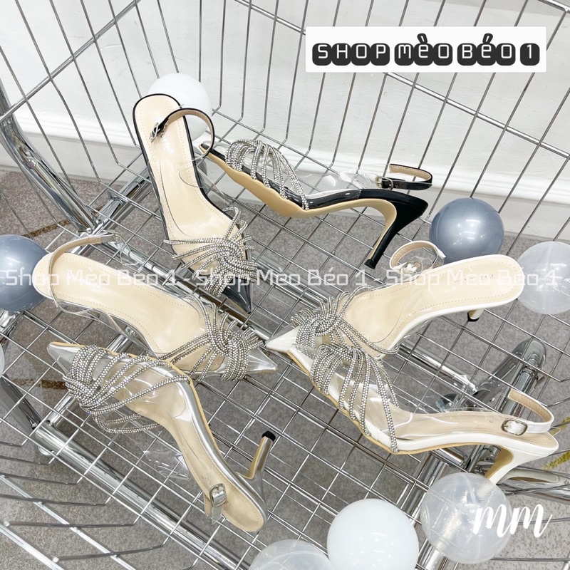 Sandal mica đá chéo gót nhọn quai sau fullbox hàng quảng châu cao cấp