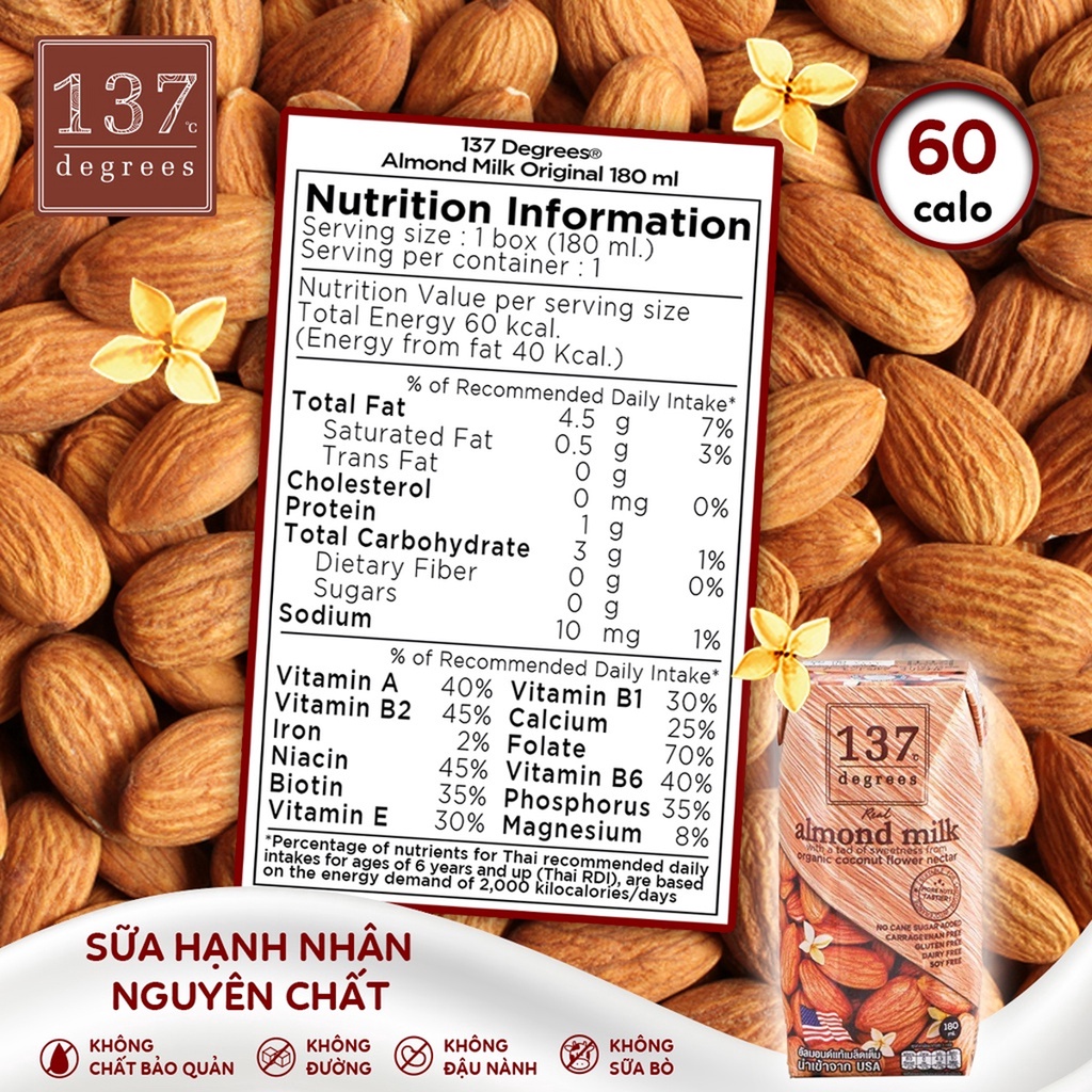HỘP 1 LÍT SỮA HẠT HẠNH NHÂN NGUYÊN CHẤT ALMOND MILK ORIGINAL 137 DEGREES