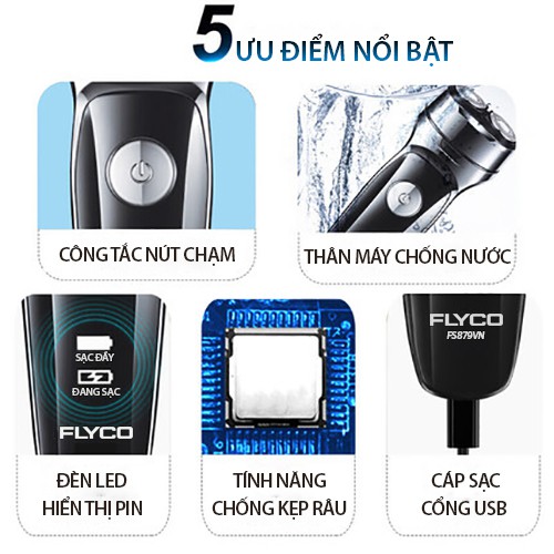 Máy Cạo Râu Flyco 2 Lưỡi Kép Thân Máy Kháng Nước Sạc Nhanh 1 Giờ FS879VN Hàng Chính Hãng