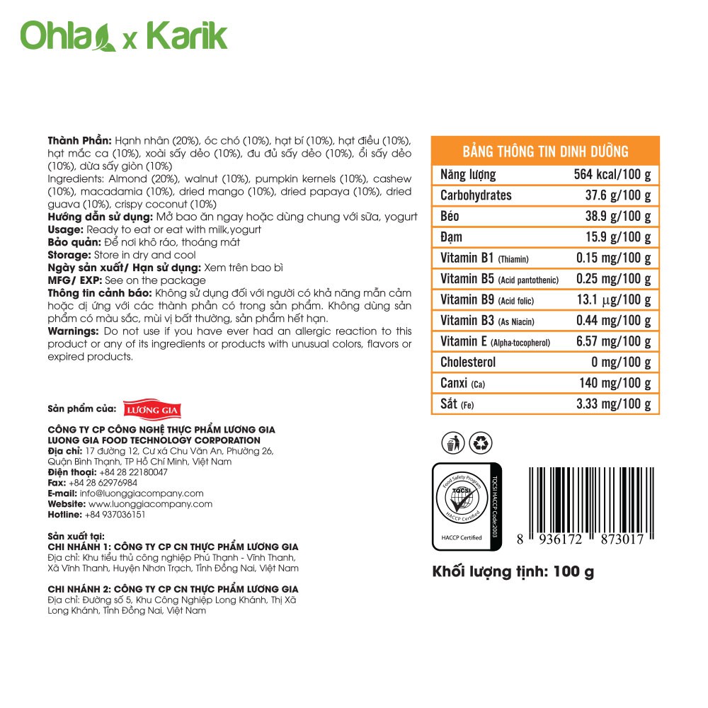 Trái cây sấy dẻo và hạt dinh dưỡng Oatmeal Karik x Ohla 40g và 100g