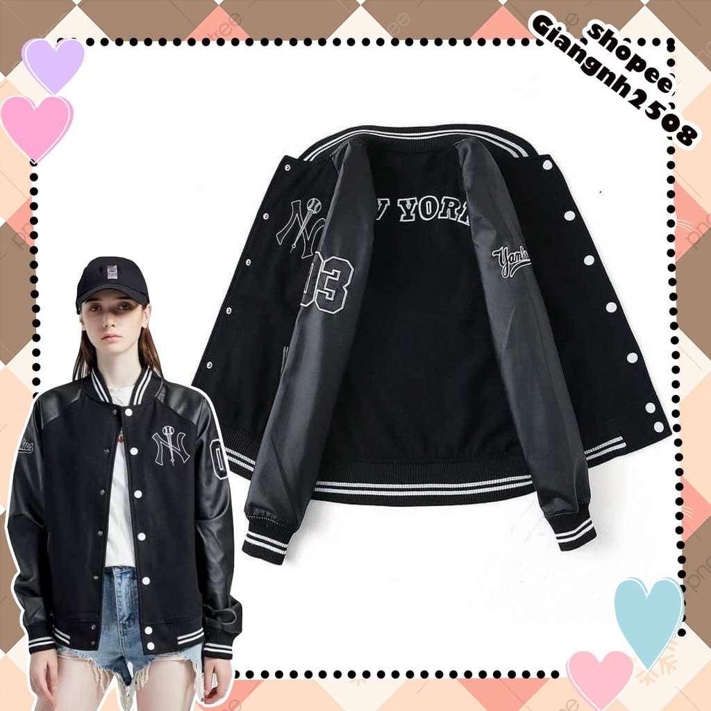 AK003 Áo khoác tay đen bo Yankee New York nam nữ bóng chày form rộng, áo bomber unisex NY thể thao tay da cúc bấm cute
