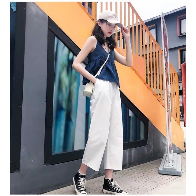 Quần culottes ống rộng dáng lỡ cúc khóa chun lưng chất đũi siêu xinh