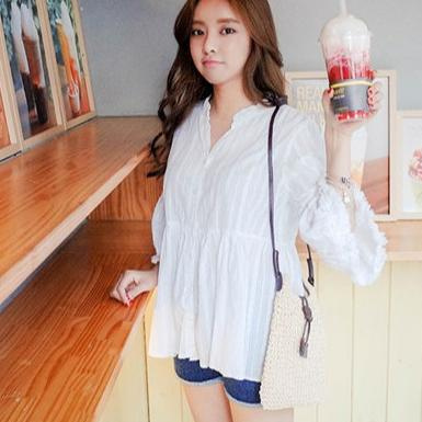 Áo Sơ Mi Trắng Vải Lanh Cotton Tay Dài Cổ Chữ V Dáng Rộng Phong Cách Hàn Quốc 6.6