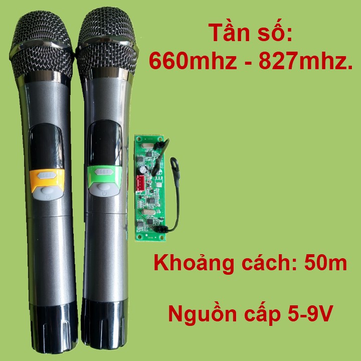 Micro không dây đôi UHF  681Mhz – 687Mhz.  loa kéo mạch loa kéo - SET tần số - thân nhôm - phím bấm, micro cho loa kéo