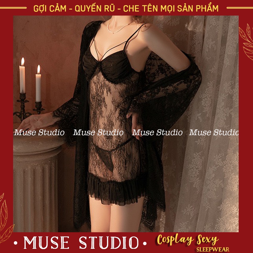 Áo choàng ngủ, Áo choàng tắm vải ren xuyên thấu mềm mại kèm đai (không kèm váy) MUSE STUDIO