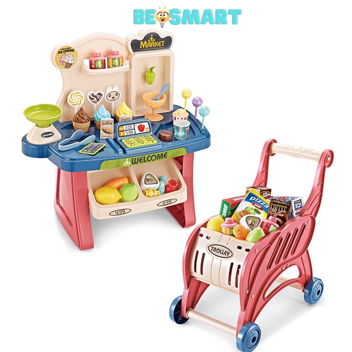 Đồ chơi bán hàng siêu thị kèm xe đẩy 40 chi tiết cho bé-quầy bán kem mini Beosmart