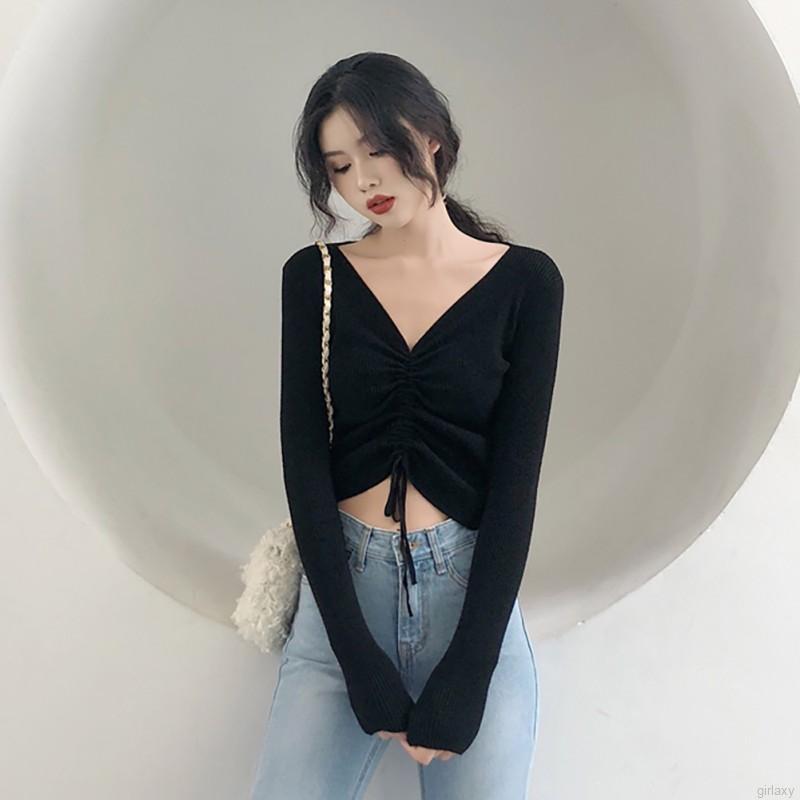 Áo Sweater Nữ Tay Dài Cổ Chữ V Màu Trơn Phong Cách Hàn Quốc | BigBuy360 - bigbuy360.vn
