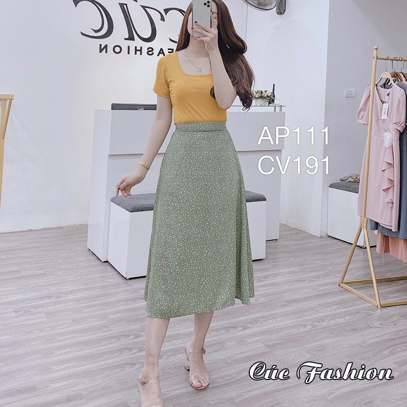 Chân váy CÚC FASHION cạp cao dáng dài cao cấp công sở Quảng Châu đầm xòe kèm đai phối rời CV680