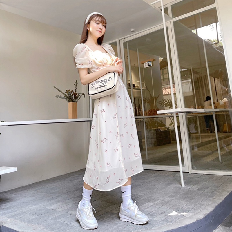 Váy đầm nữ maxi đi biển xẻ tà 2 lớp váy cổ vuông tay bồng xẻ tà dáng dài qua gối