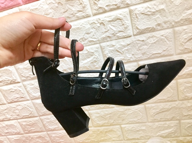 Giày gót vuông da lộn QC màu đen