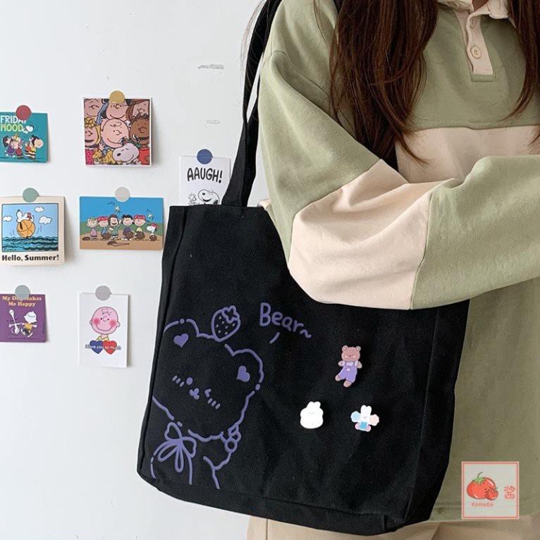 Túi tote vải canvas ulzzang unisex in hình gấu Bear dễ thương, phong cách hàn quốc