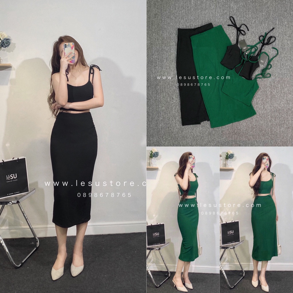 ẢNH TỰ CHỤP Set croptop 2 dây thắt nơ & chân váy bút chì gân nổi