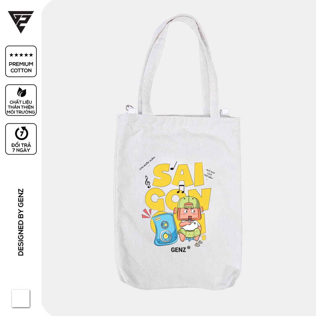 Túi tote GENZ vải canvas có túi nhỏ bên trong in hình Sài Gòn loa kẹo kéo ZB009