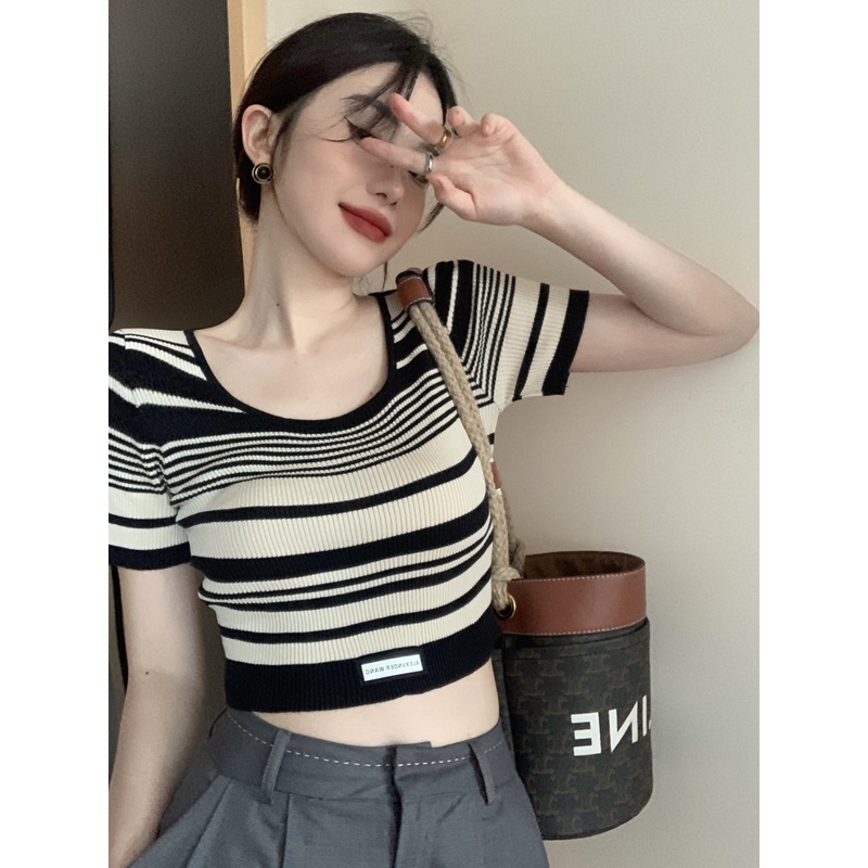 Áo dệt kim NZN tay ngắn cổ vuông họa tiết sọc caro quyến rũ thời trang mùa hè cho nữ