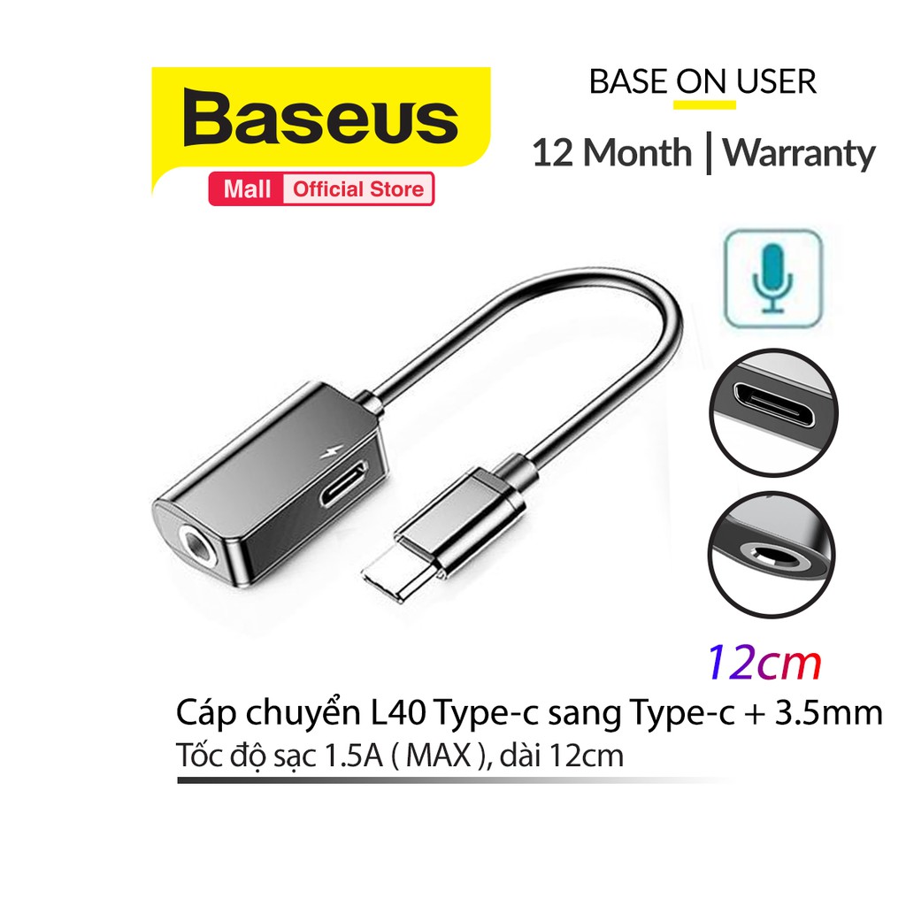 Đầu chuyển Baseus L40 Type-C sang Audio 3.5mm & Type-C, sạc pin tốc độ 1.5A MAX nghe nhạc, đàm thoại, dài 12cm