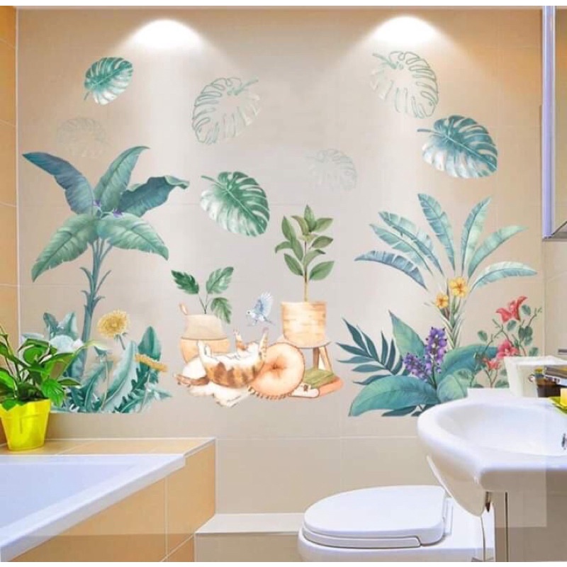 Decal dán tường chú mèo bà cây xanh, sẵn keo dán