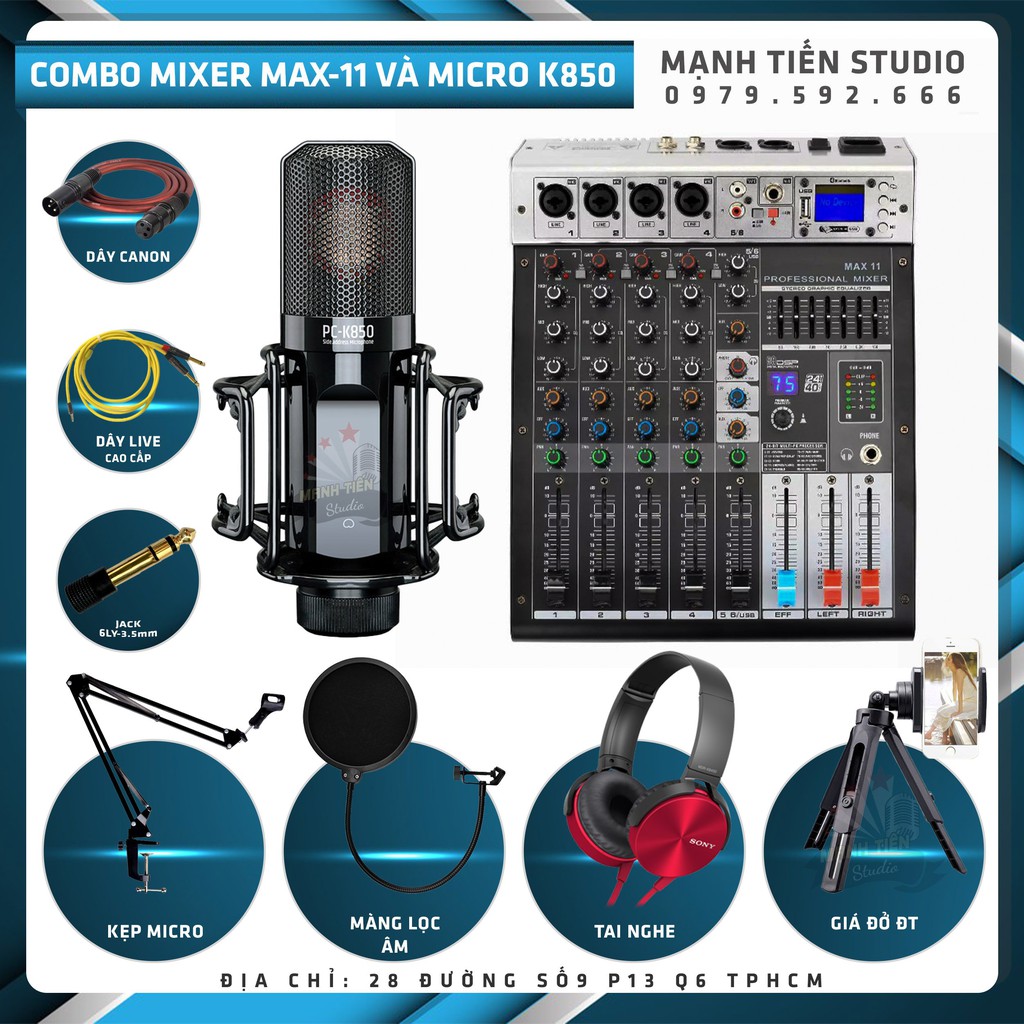 Combo thu âm livestream bán hàng facebook tiktok karaoke chuyên nghiệp Mixer Max 11 Và Micro K850 tặng full phụ kiện