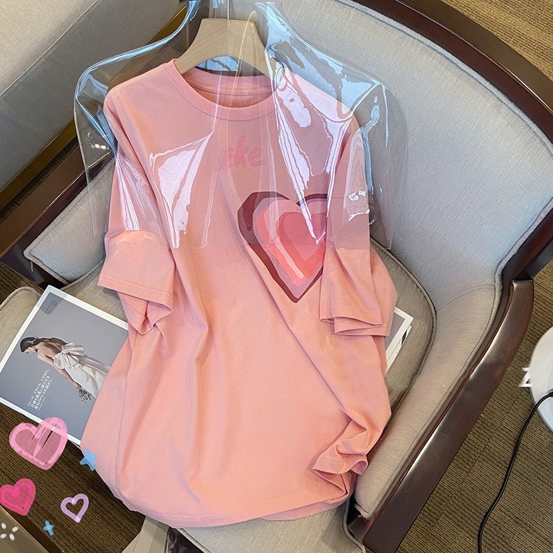 Áo thun ZHELIHANGFEI tay ngắn dáng rộng in hình trái tim thời trang cho nữ