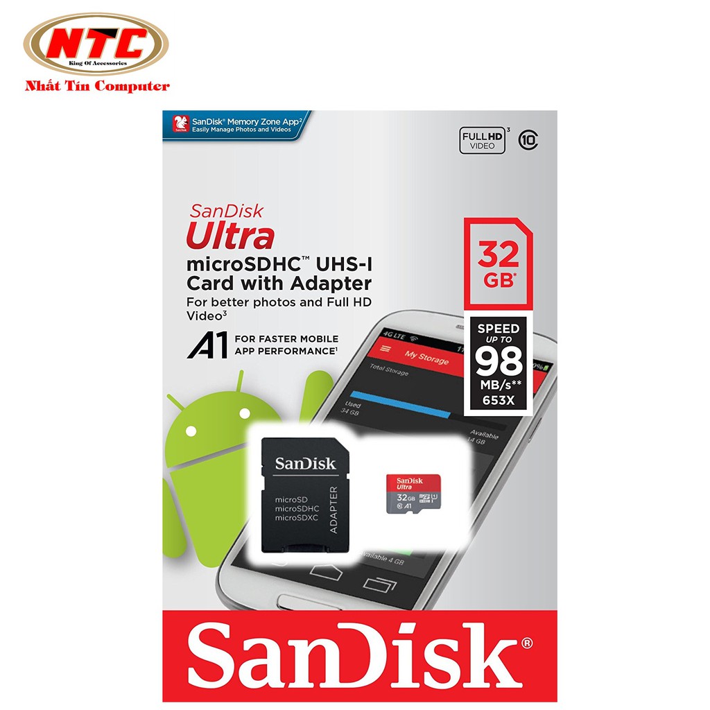 Thẻ nhớ MicroSDHC SanDisk Ultra A1 32GB Class 10 U1 98MB/s kèm adapter - Model 2017 (Xám đỏ)