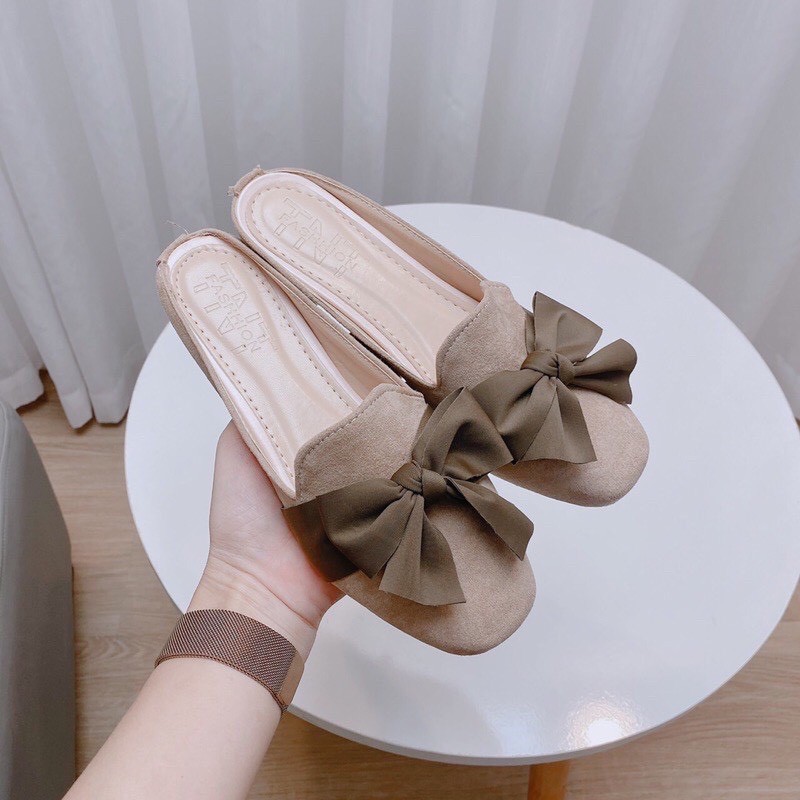 Giày sục da lộn buộc nơ lụa mũi tròn MS0