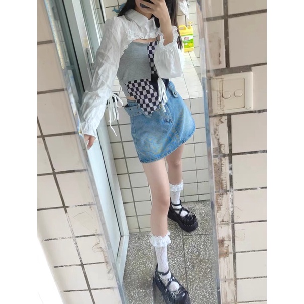 Chân váy denim cao bồi thắt lưng đeo hông dáng chữ A cá tính