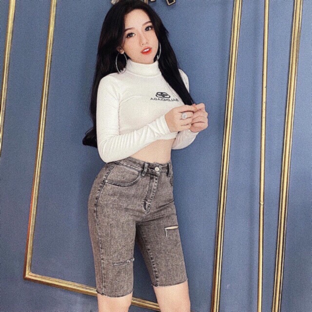 Croptop cổ lọ tay dài bb hình chụp thật kèm video
