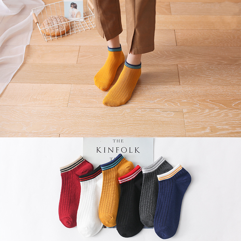 Vớ vải cotton cổ thấp chống trượt họa tiết kẻ hai sọc dành cho học sinh