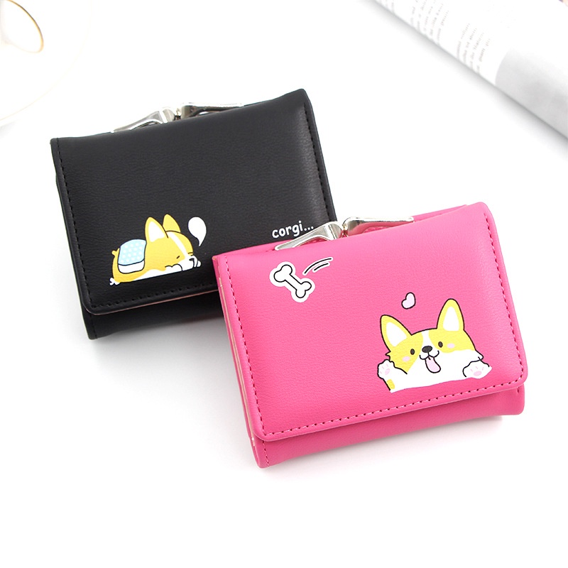 Ví da đựng tiền xu KAITIFEI dáng ngắn cầm tay nhiều ngăn mini nhỏ gọn in hình chú chó corgi hoạt hình đáng yêu dễ thương