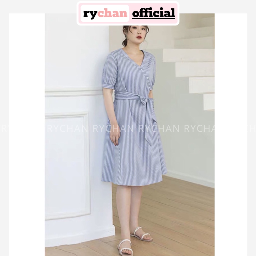 Đầm Xòe Sọc Nút Lệch Buộc Dây Eo - DX960