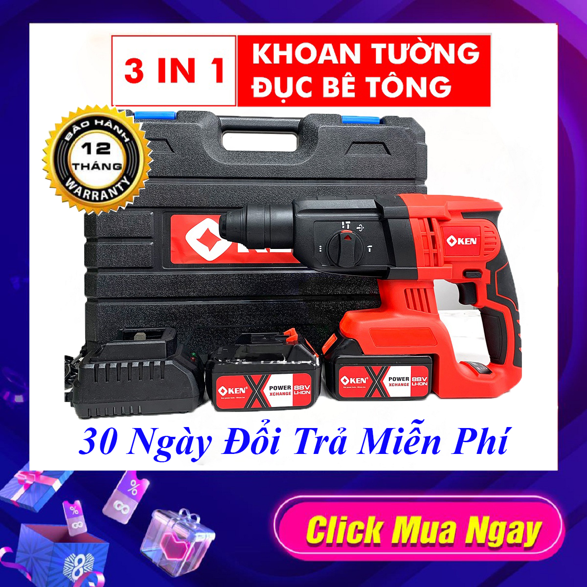 MÁY KHOAN BÊ TÔNG PIN KEN 88V - 3 CHỨC NĂNG-KHÔNG CHỔI THAN - MÁY KHOAN ĐỤC BÊ TÔNG DÙNG PIN - MÁY KHOAN TƯỜNG DÙNG PIN