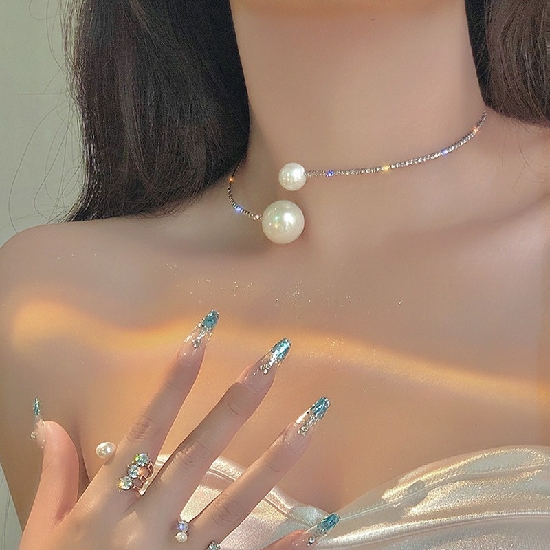 Vòng cổ Thép Titan Đính Ngọc Trai Nhân Tạo Thời Trang Phong Cách Hàn Quốc