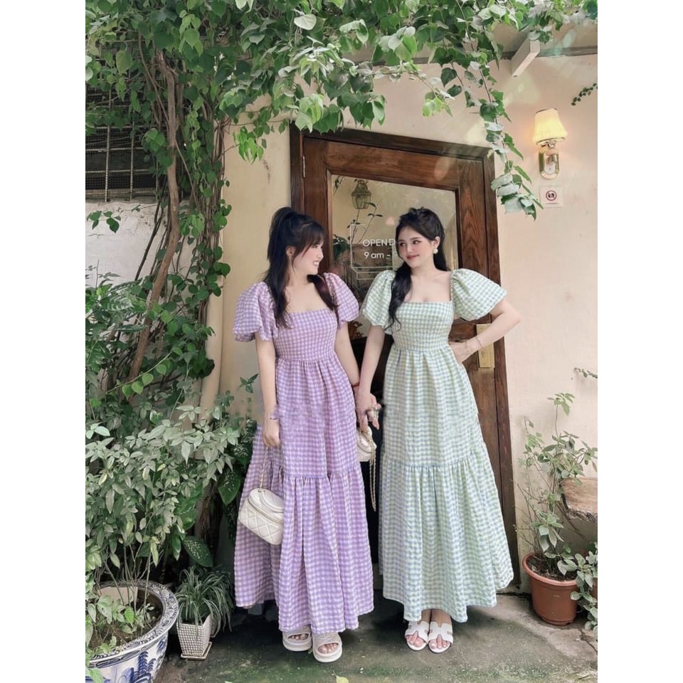 :Váy kẻ cổ vuông babydoll tay bồng bầu bí mặc thoải mái form suông tầng 2 màu từ 40-65kg