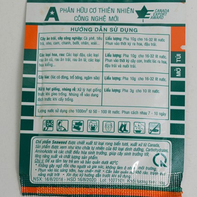 1 GÓI PHÂN BÓN LÁ HỮU CƠ RONG BIỂN SEAWEED 95%.