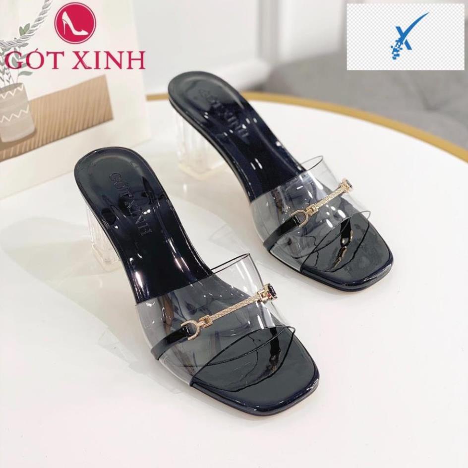 🤼 Dép cao gót nữ GÓT XINH D3 mũi vuông quai ngang chất mika đính đá đế cao 5cm 🤼