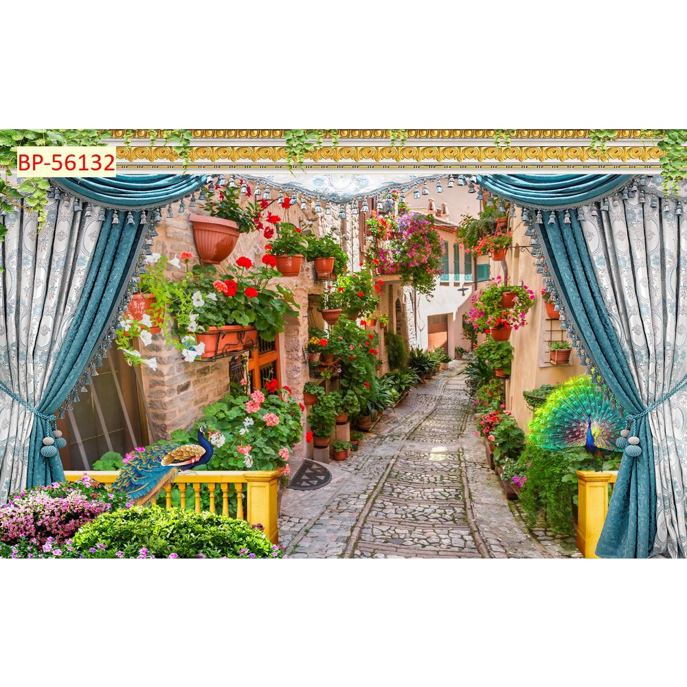 Tranh dán tường 3d cửa sổ thiên nhiên, thác nước, dàn hoa, hồ nước thoáng mát