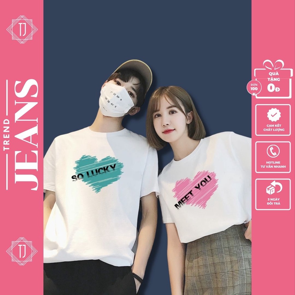 Áo thun đôi nam nữ, áo phông unisex in hình trái tim vải cotton