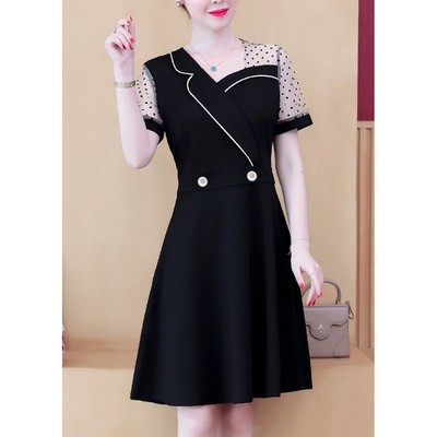 GOTI - Đầm Xòe Công Sở Nữ Thanh Lịch Cổ Vest Cách Điệu Phối Voan Chấm Bi Tay Ngắn Màu Đen, Đỏ 3295