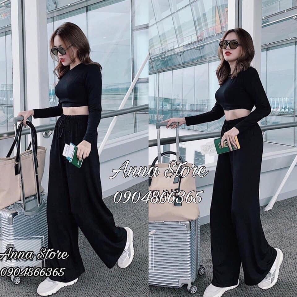 Set bộ thun dẻo áo ngắn và quần dài suông rộng