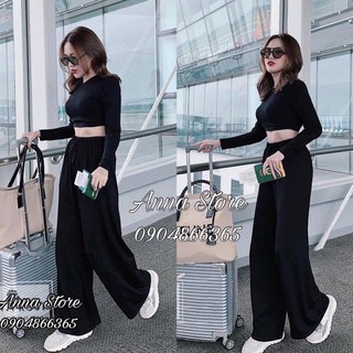 Set bộ thun dẻo áo ngắn và quần dài suông rộng