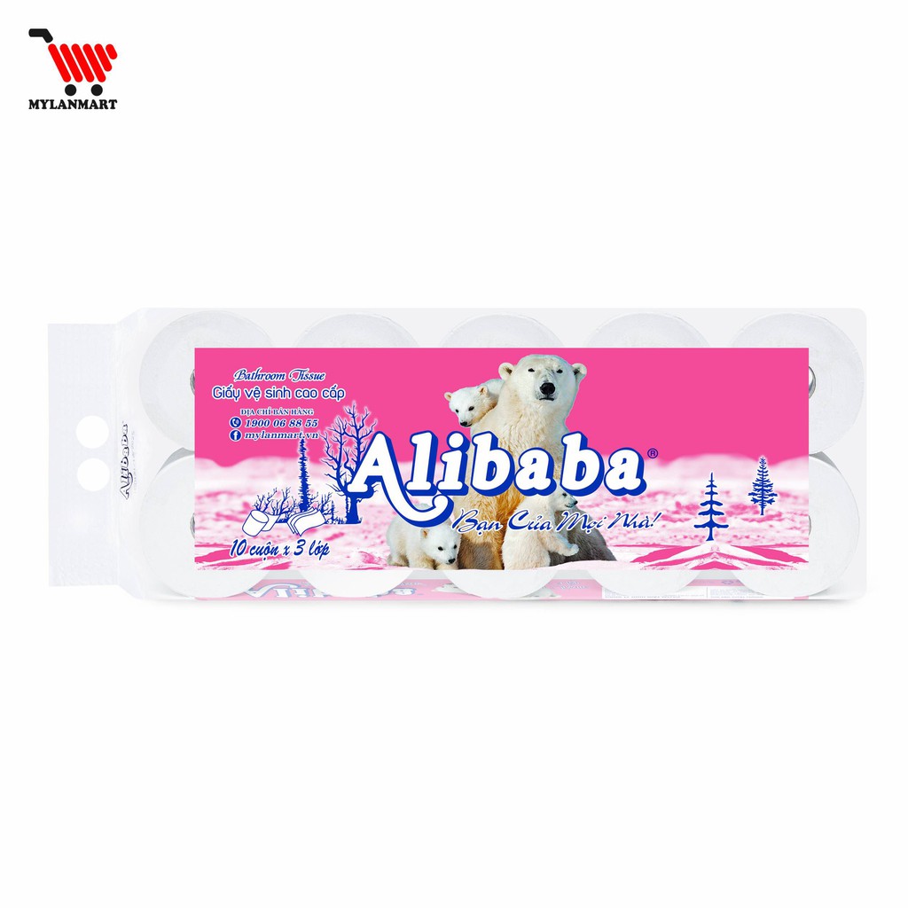 Giấy Vệ Sinh Alibaba Gấu Hồng 4 Lớp (10 Cuộn/1.7kg/ Xách) siêu dai, mềm mịn, tan nhanh trong nước