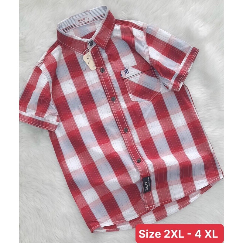 Áo sơ mi ngắn tay sọc caro phối túi cho bé trai size đại cồ (35-50kg)