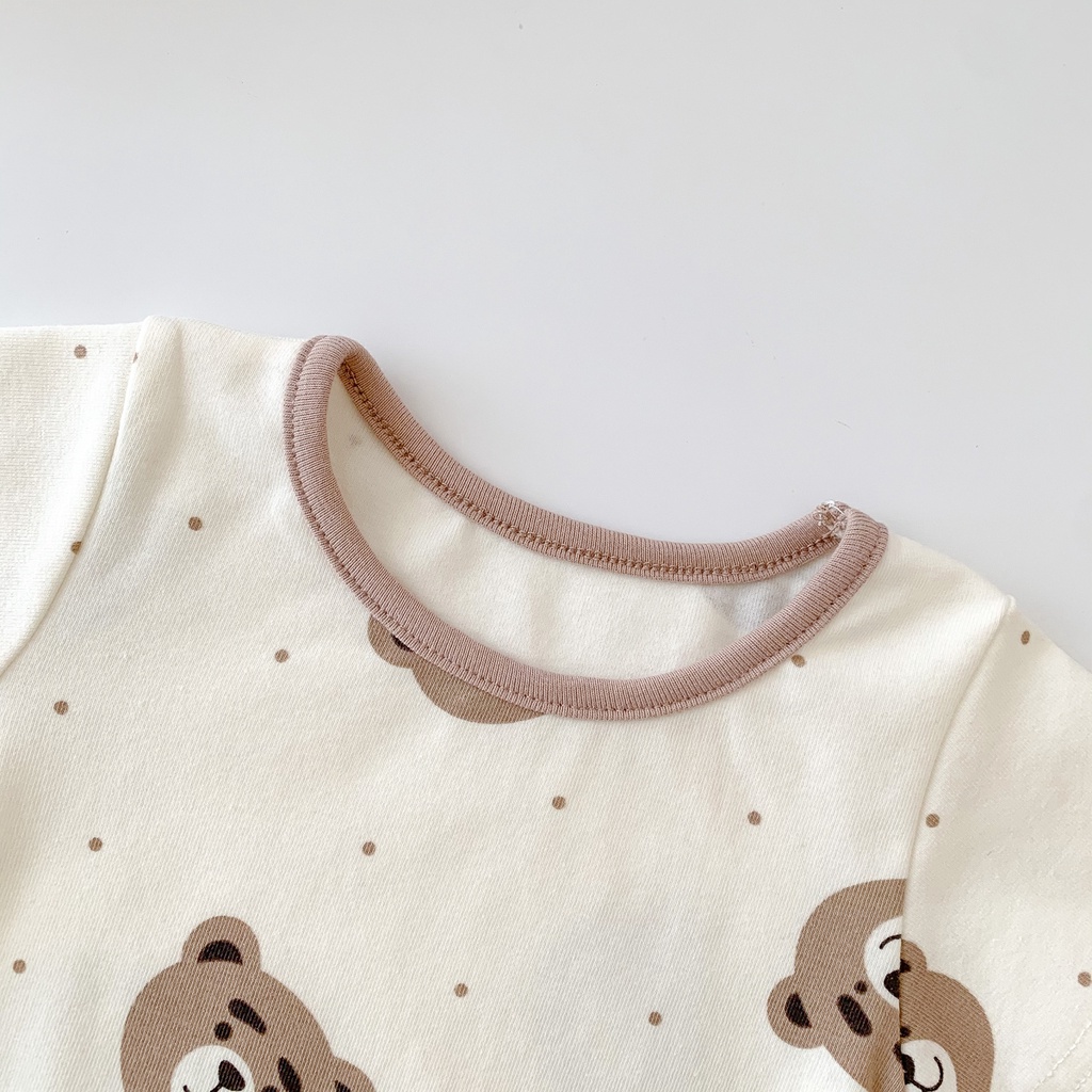 Bộ Áo Liền Quần Tay Ngắn In Hình Gấu + Băng Đô Dễ Thương Phong Cách Hàn Quốc Thời Trang Mùa Hè Cho Bé