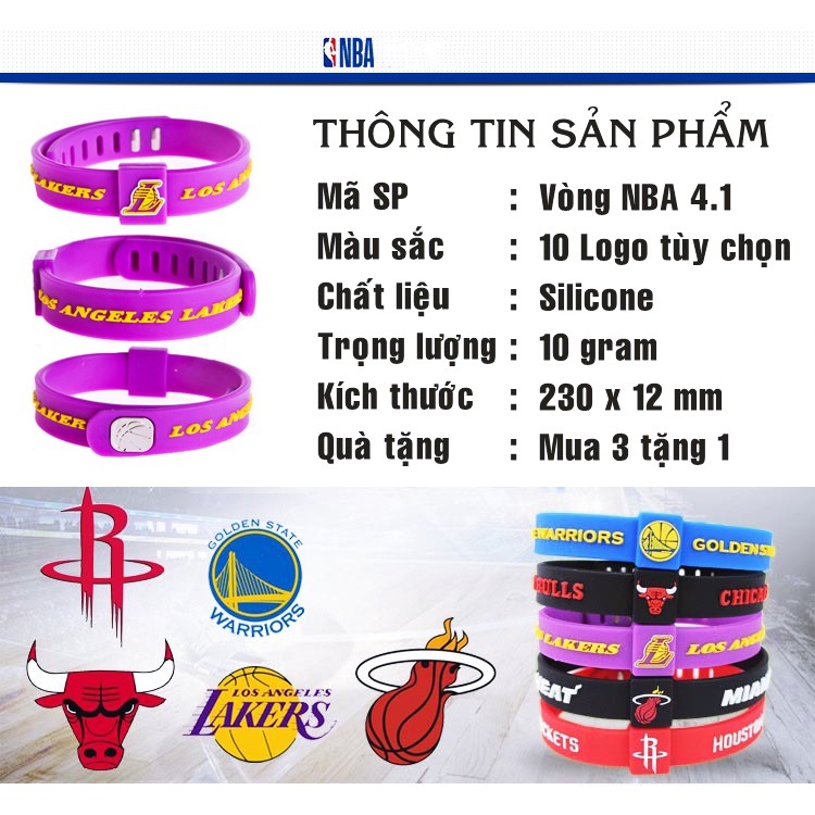 Vòng Tay Bóng Rổ NBA 4.1 Chất Liệu Cao Su Silicon Logo Chicago Bulls Cleveland Cavaliers Houston Rockets Boston Celtics