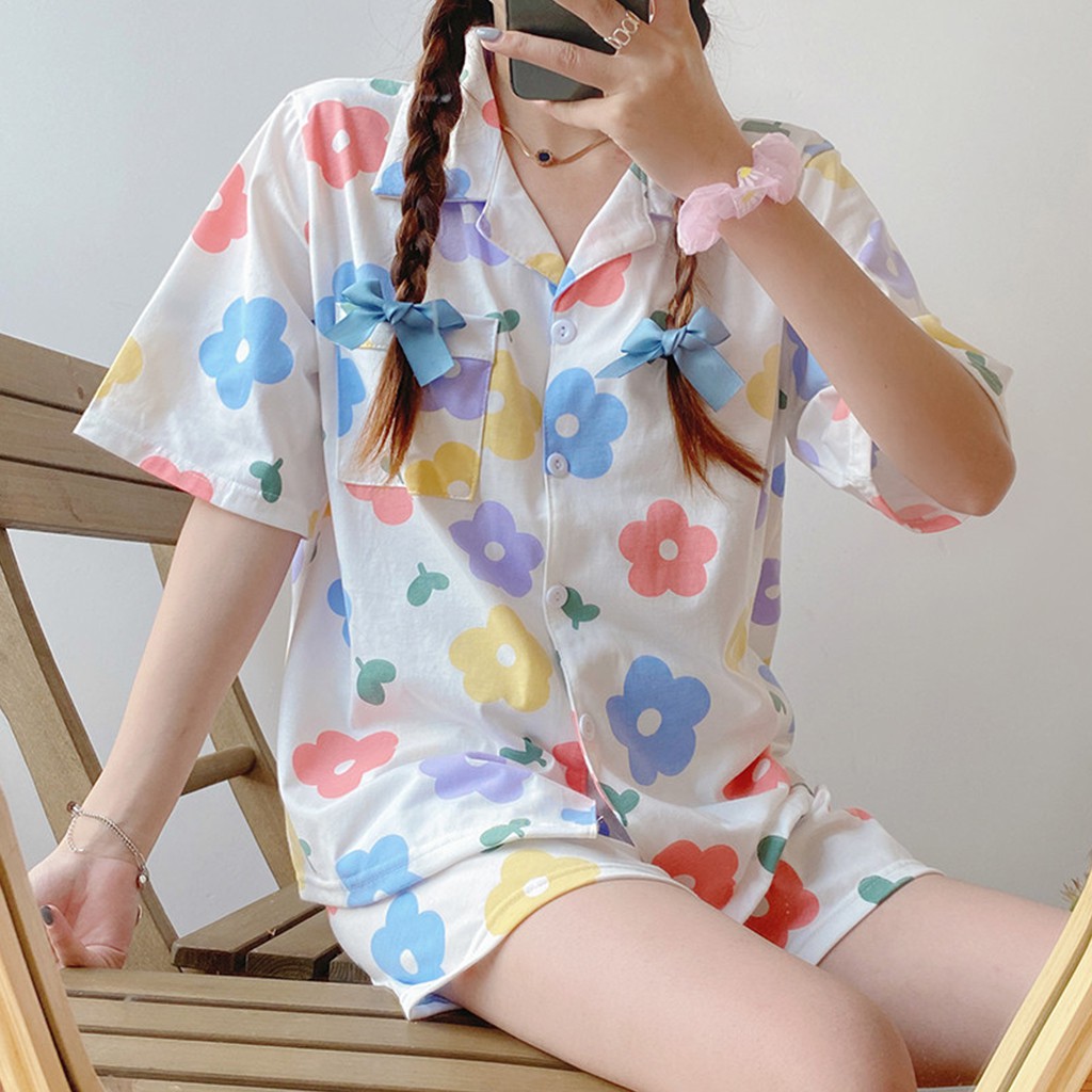 (Xả hàng) Đồ ngủ pijama sơ mi hoa xinh cho ngày hè